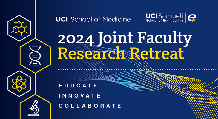 Text says: UCI School of Medicine and UCI Samueli School of Engineering. 2024 Joint Faculty Research Retreat. Educate. Innovate. Collaborate. Image includes four science-themed icons. 