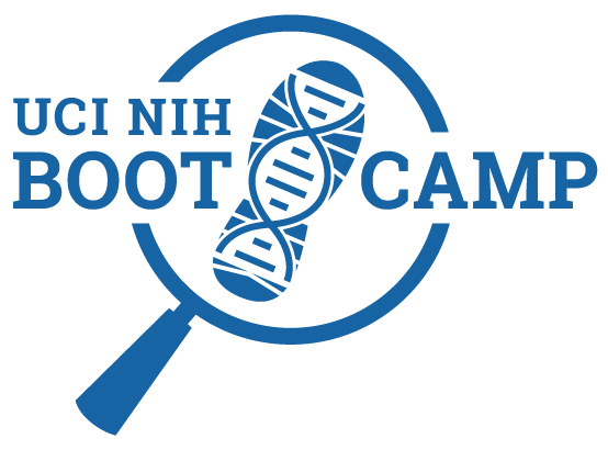 Text says UCI NIH Boot Camp with a graphic representation of a magnifying glass. 