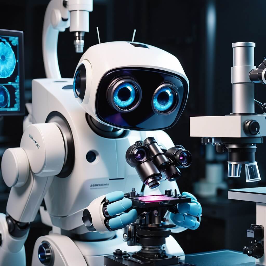 Robot looking through a microscope. 