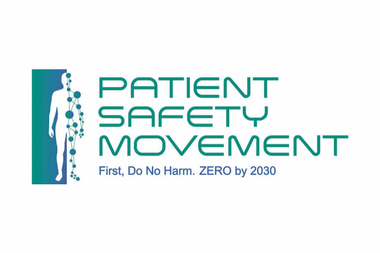 Text says: Patient Safety Movement. First, Do No Harm. Zero by 2030. Abstract image of a human body and how it's made up of different parts.