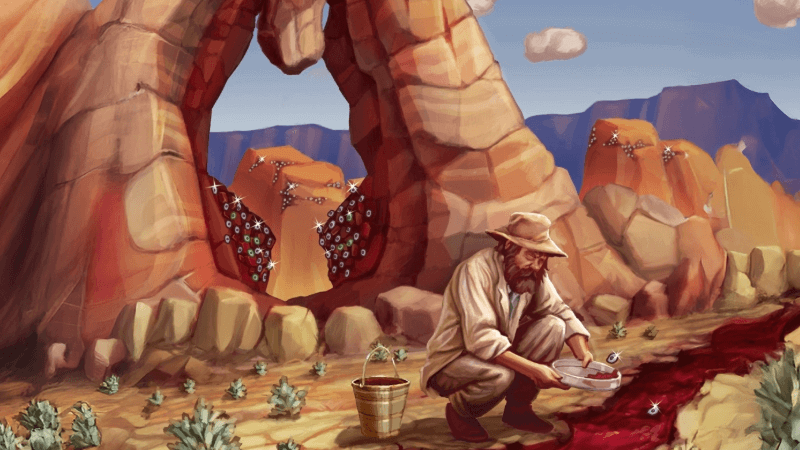 Illustration of a man in the desert panning for gold at a river that resembles the flow of blood. In the background, many gems and gold glitter in a stylized rock formation that look like tonsils.