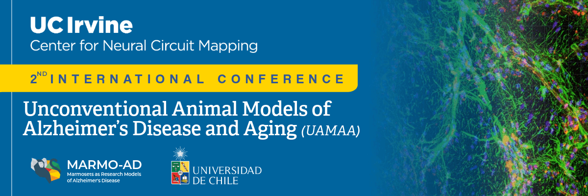 UC Irvine Center for Neural Circuit Mapping. 2nd International Conference. Unconventional Animal Models of Alzheimer's Disease and Aging (UAMAA). Logos for MARMO-AD (Marmosets as Research Models of Alzheimer's Disease) and Universidad de Chile.