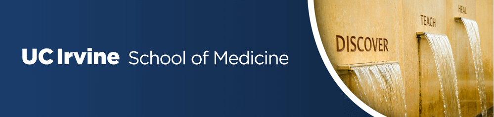 The UC Irvine School of Medicine logo with a photo of a fountain.