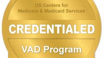 Graphic of a gold award stating that UCI Health is credentialed as a Ventricular Assist Device (VAD) Facility by  DNV Healthcare USA.