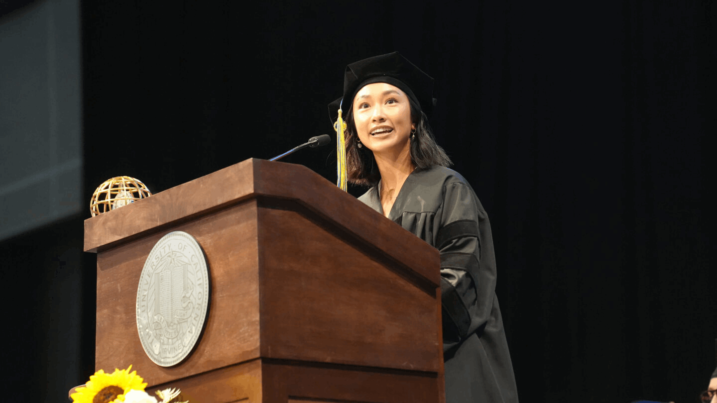 MD/PhD candidate Emily Tom speaking at Commencement 