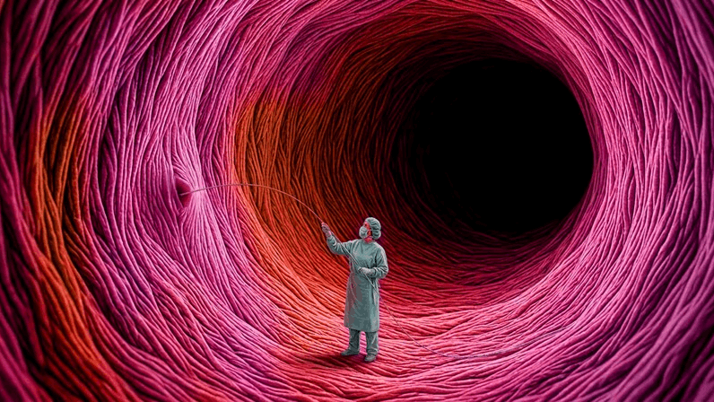 Artistic graphic of a doctor in a blood vessel.